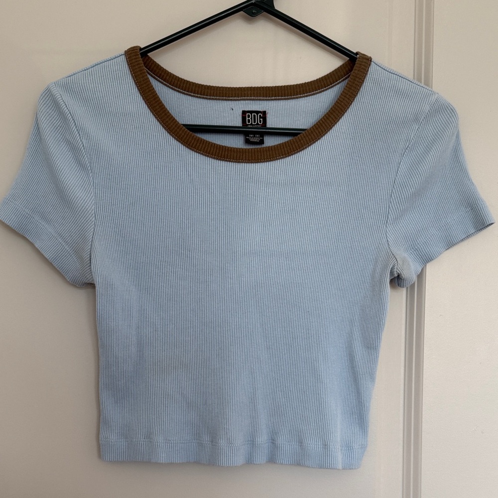 BDG Sky Blue Ribbed Crop Top with Brown Trim